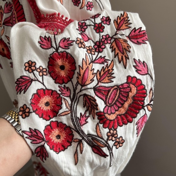 Ranna Gill Dress Womens XS White Red Embroidered Floral Boho Tassel Trim - Picture 8 of 13